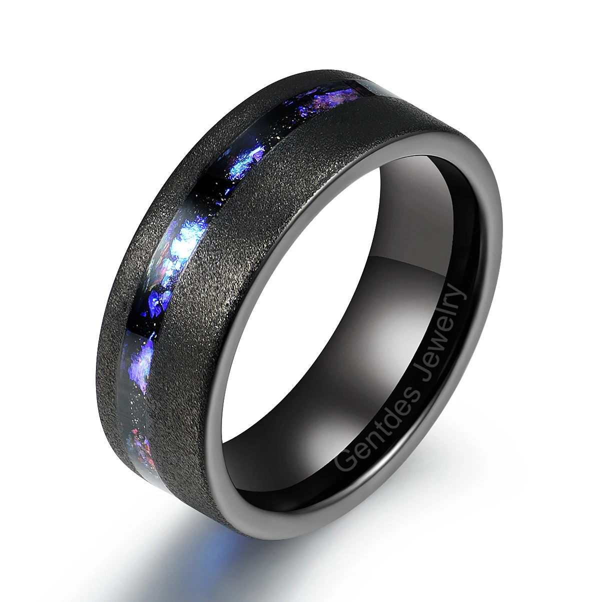 Gentdes Jewelry New Style Wedding Band 8MM Black Sandblasted Tungsten Band Inlaid Blue Foil Tungsten Ring