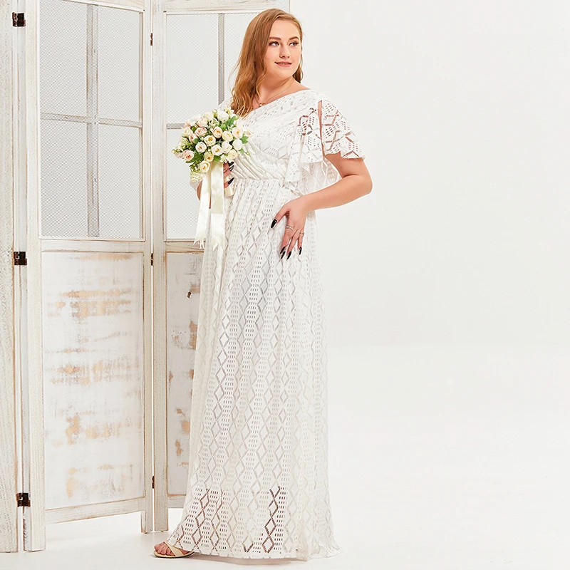 2022 Summer Women Elegant White Lace Long Dress Plus Size Modest Wedding Dress Casual Party Dress