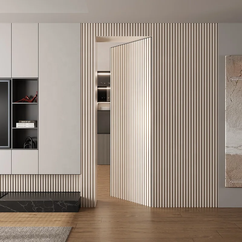 Solid wood fluted panel invisible door TV background wall one living room hidden door Flat open bedroom door