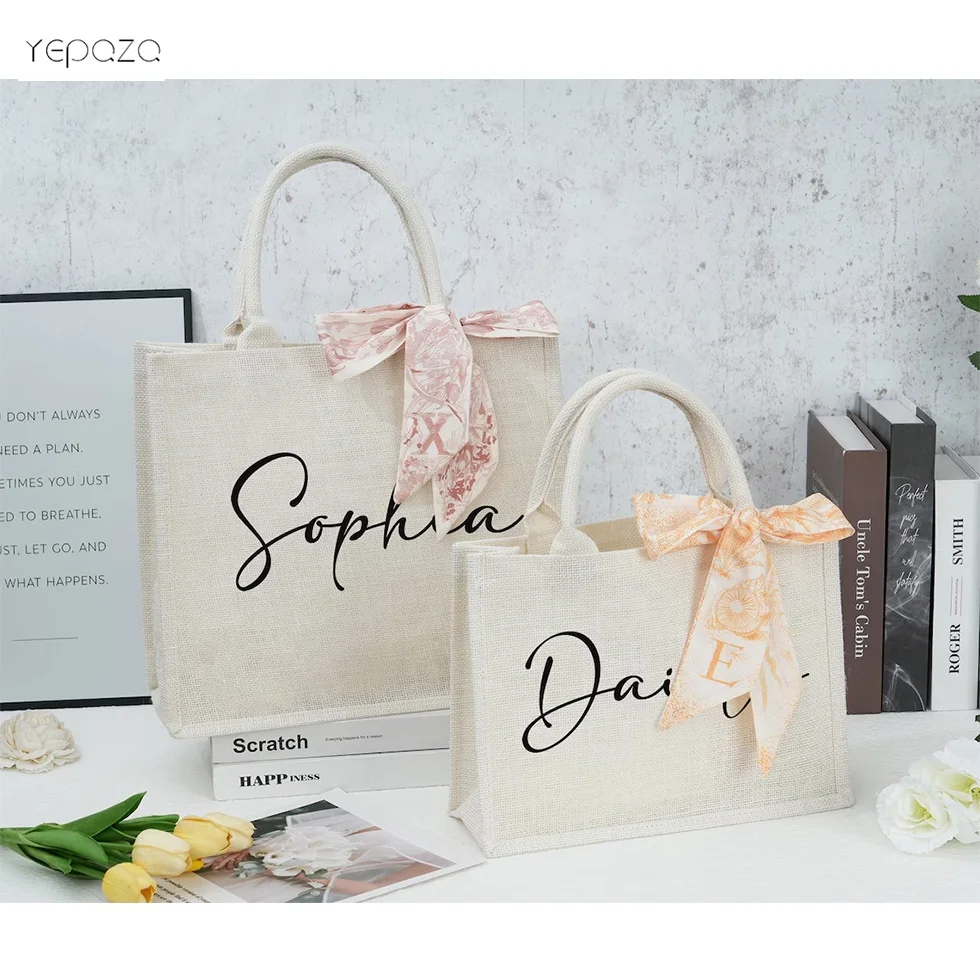 Christmas Eve Gift burlap Bags white color personalized custom name logo print luxury small jute hand tote bag for beach