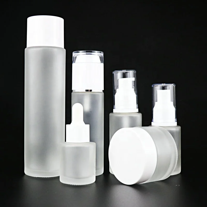 
30ml 40ml 50ml 80ml 100ml 120ml Cosmetic glass frosted lotion cream bottle set with gold/sliver/glack/white cover 