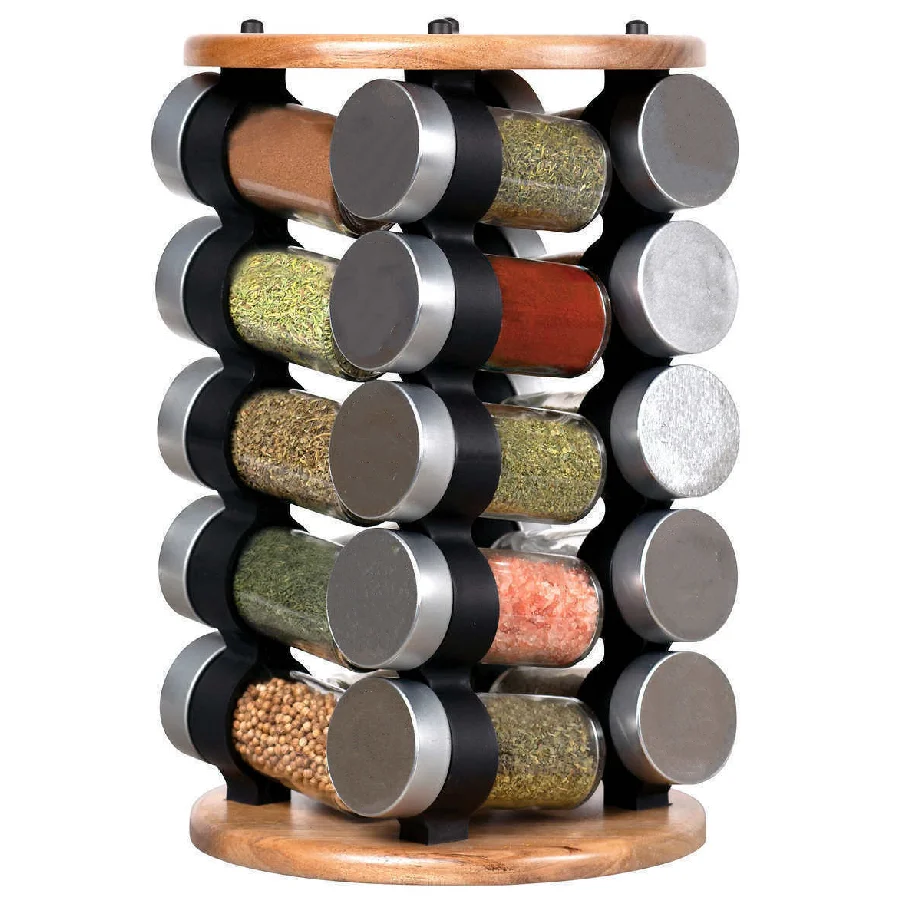 New Design Custom Logo Acacia Wooden Display Racks Spice Jar Rack,Revolving with Stainless Steel lids including 20 bottles