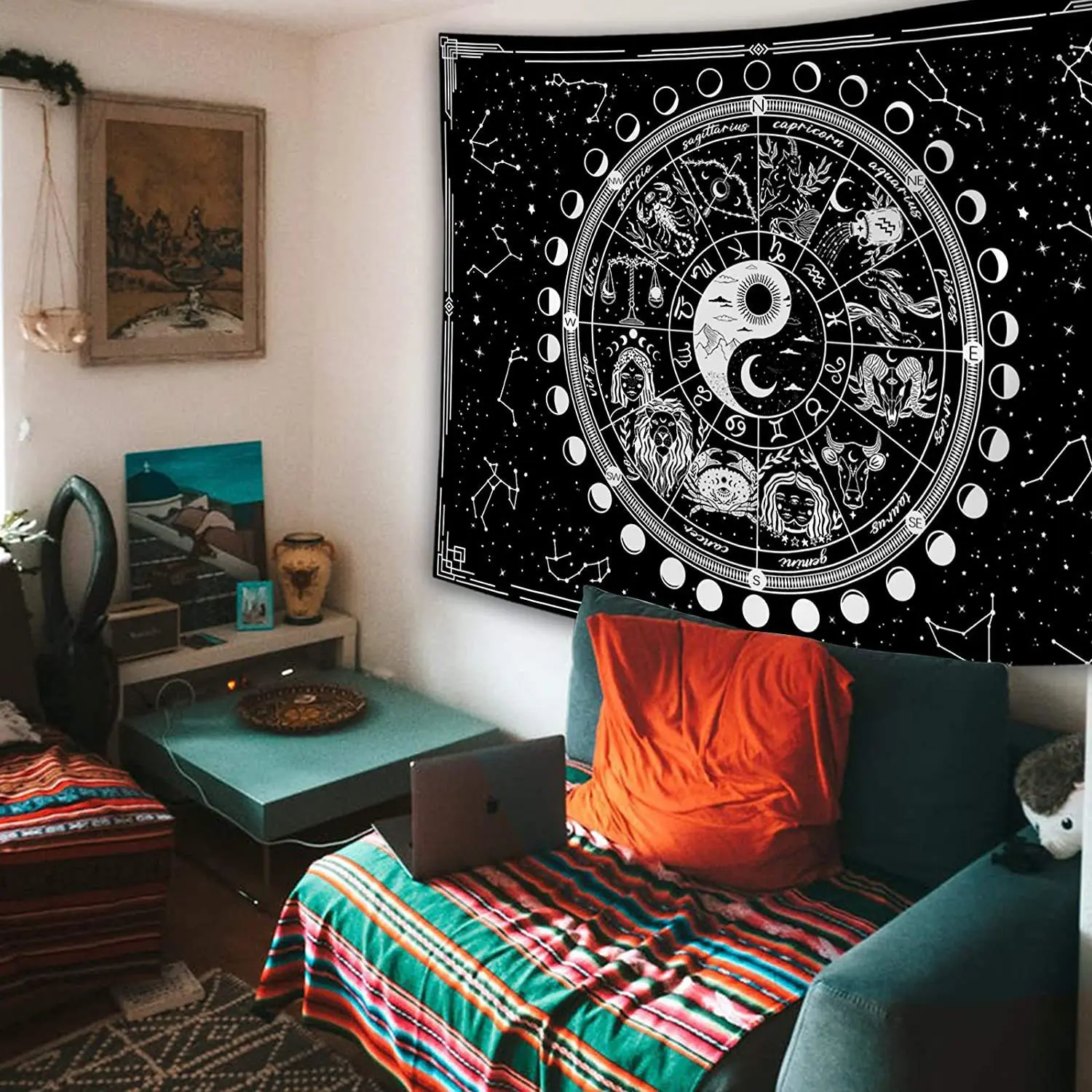 60X80n Inches Black And White Pray With Moon Star Gothic Witch Blessed And Snake Stone Tapestry Wall Hanging