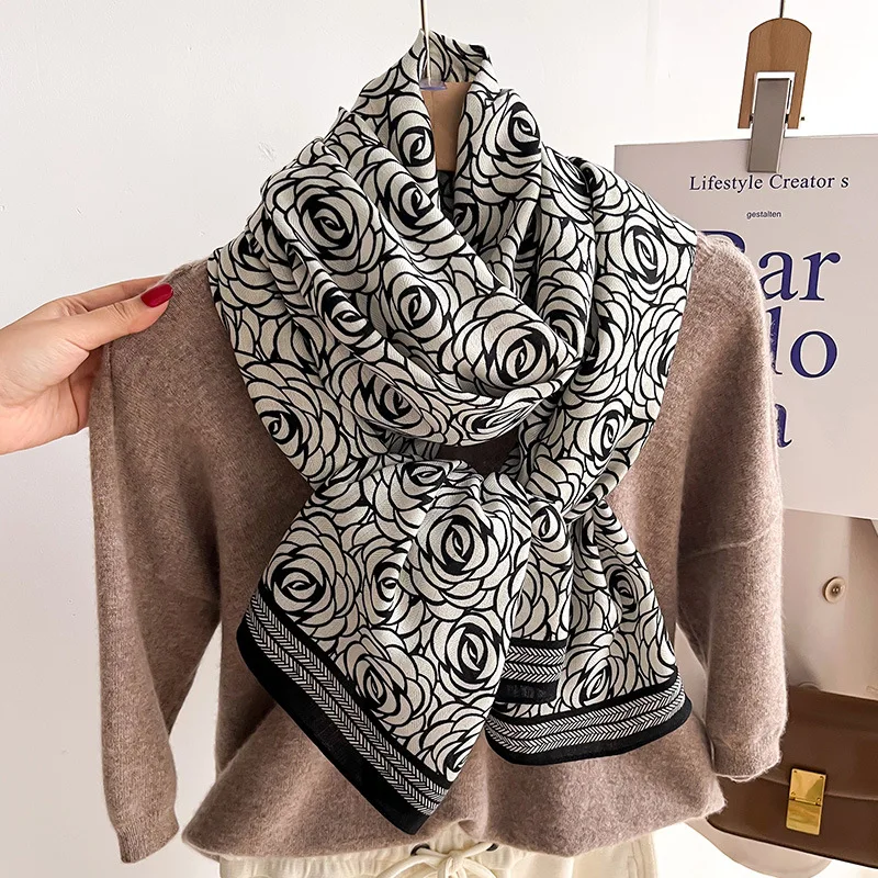 Euro Luxury Brand Design Silk Scarf for Women Logo Viscose Cotton Wool Head Hijab Muslim 70*180cm Camellia Flower Printed Shawls