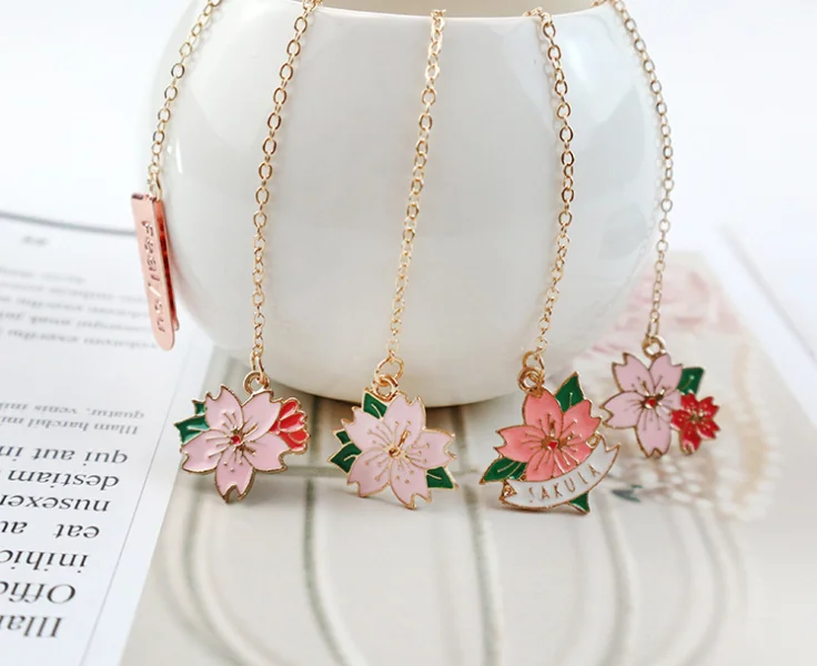 gold metal Bookmark with long chain Tassel Pendant, cute korean stationery fashionable flower Cherry blossoms charm bookmark