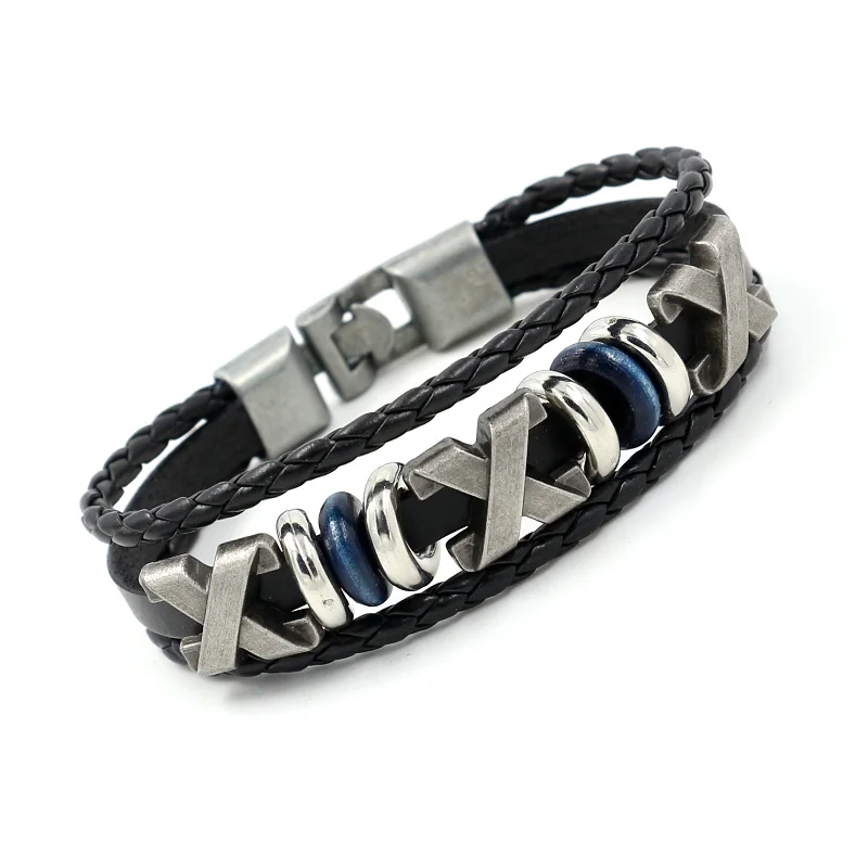 Vintage Jewelry Multi-layer Leather Beaded Letter X Rivets Wrist Band Bracelet for Men