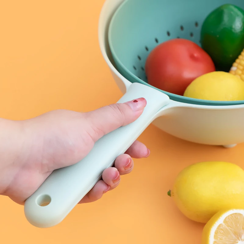 Double-Tier Plastic Kitchen Fruit Vegetable Drainer Colander Basket With Long Handle Rotating Plastic Drain Basket