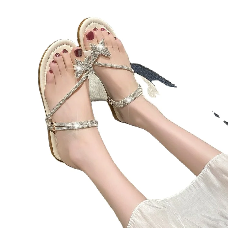 Slippers home summer bottom diamond bow set toe female wearing new style flip-flops fashion beach sandals