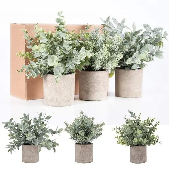 3pcs Mini Potted Artificial Eucalyptus Plants China Hot Sale Faked Small Green Natural Plant for Indoor Decor