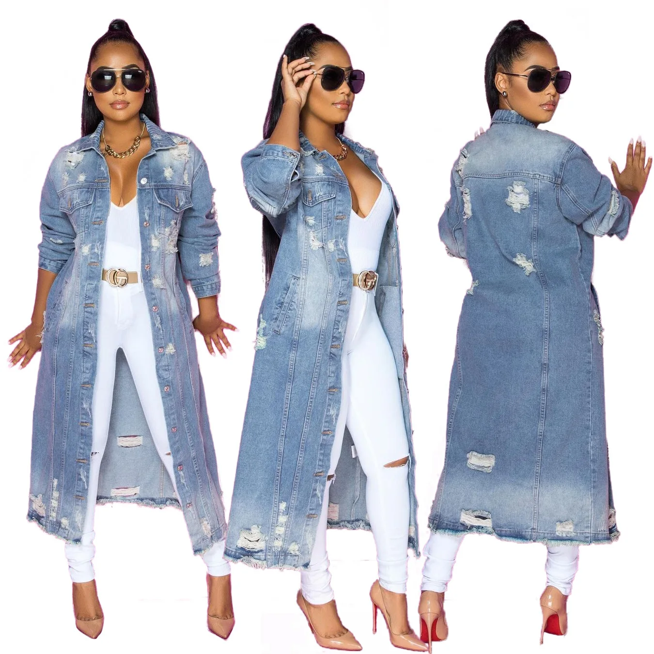 Wholesale Winter Ripped Jean Trench Coats Fashion Long Denim Jacket Women