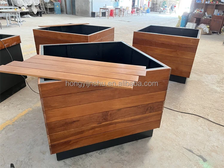 Customized Rectangular Solid Wood Flower Planter Pot Stainless Steel Moving Plant Box for Street Public