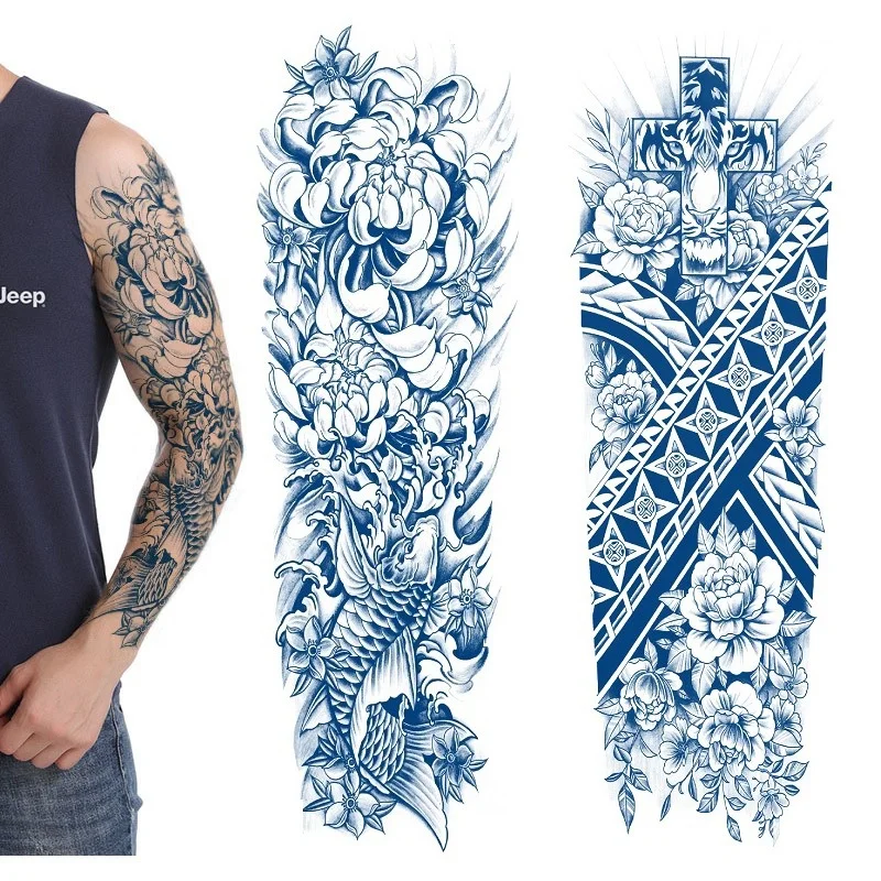 Juice Full Arm Tattoo Sticker Semi-Permanent Waterproof Temporary Men Blue Ink Dragon Totem Sleeve Body Art Tattoo