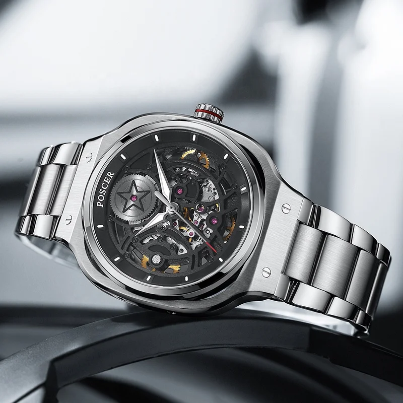 Luxury 304 stainless steel watch skeleton design square style dial sapphire glass automatic mechanical watch for men