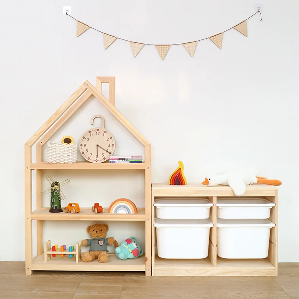 Children Bookshelf Simple Multilayer House-shape Floor Standing Shelving Study Bookcase Toy Storage Rack Cabinet Wood Modern