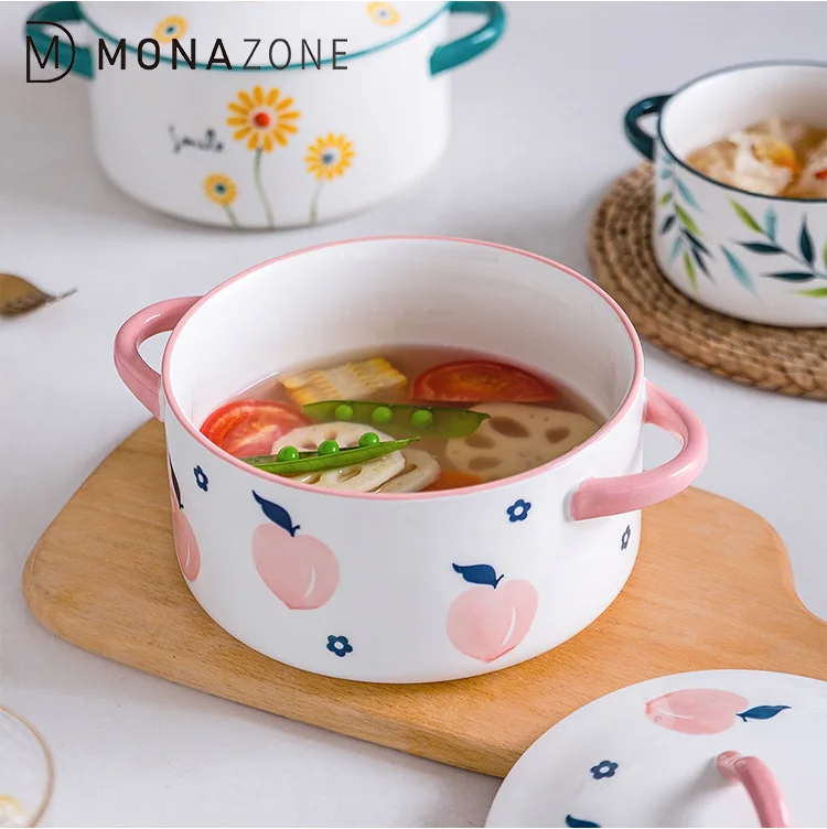  MONAZONE Ceramic Soup Bowl with Lid Grips Under Glazed Peach Leaf Floral Pattern for Gratin Salad Oven Bakeware
