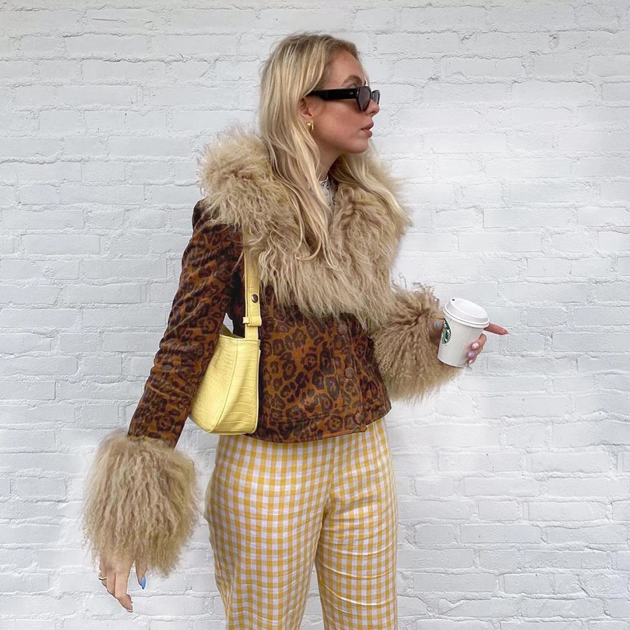 Зимняя одежда Kliou K21C08893, зимняя вязаная меховая леопардовая куртка с длинным рукавом, женские пальто