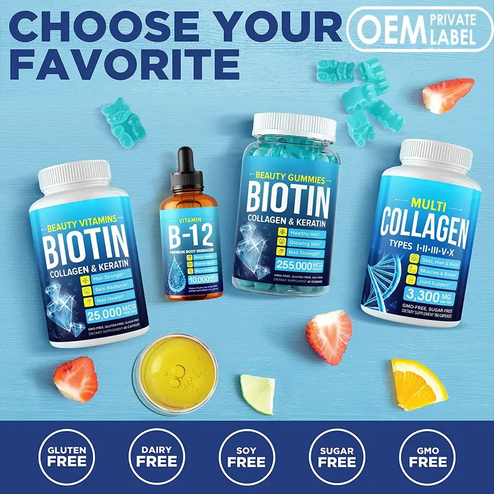 Biocaro Vegan Private label Beauty Skin Care Hair & Skin & Nail Vitamin C Biotin Collagen Hyaluronic Acid Gummies