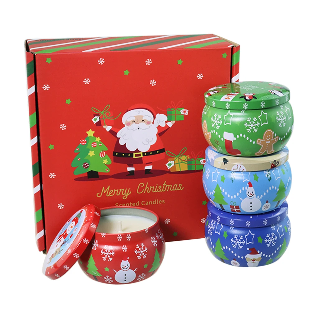 Оловянная Рождественская Ароматизированная Роскошная соевая восковая Массажная спа свеча Подарочный набор с логотипом на заказ