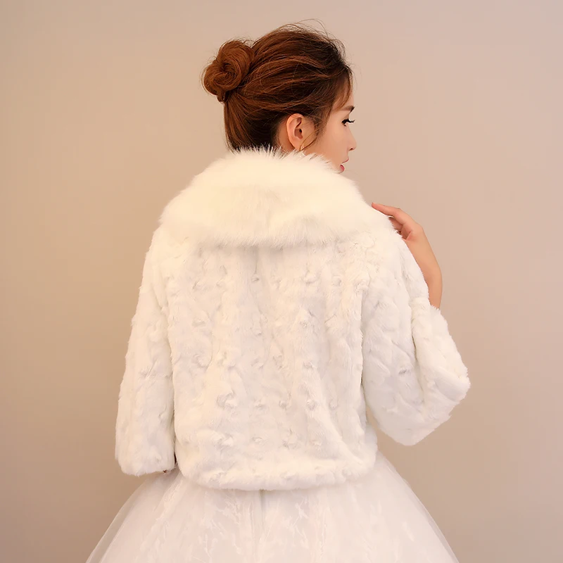 
Ivory short cotton shawl faux fur plush collar wide-sleeved small shawl wedding dress accessories 