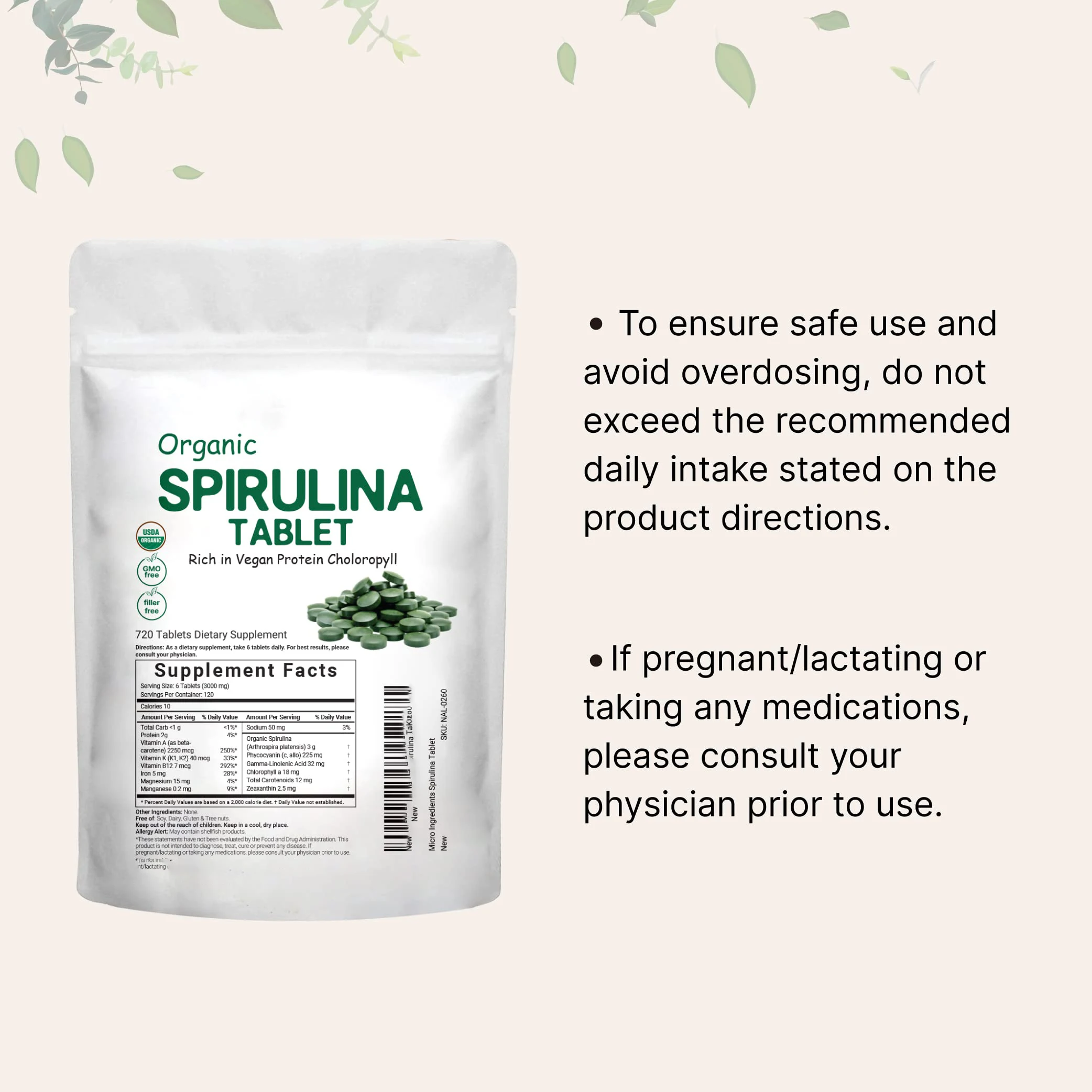 No Filler Non-GMO Rich in Vegan Protein Vitamins Prebiotics Premium Spirulina Pills Organic Spirulina Tablets Supplement 3000MG