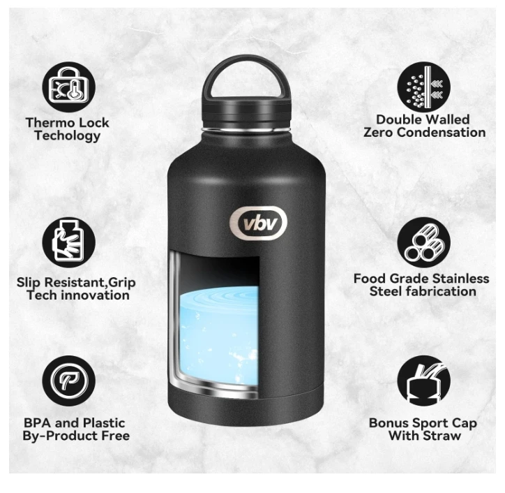 Wide mouth water bottle Insulated 18/8 64oz Stainless Steel water bottle, Half Gallon Stainless Steel Water Jug