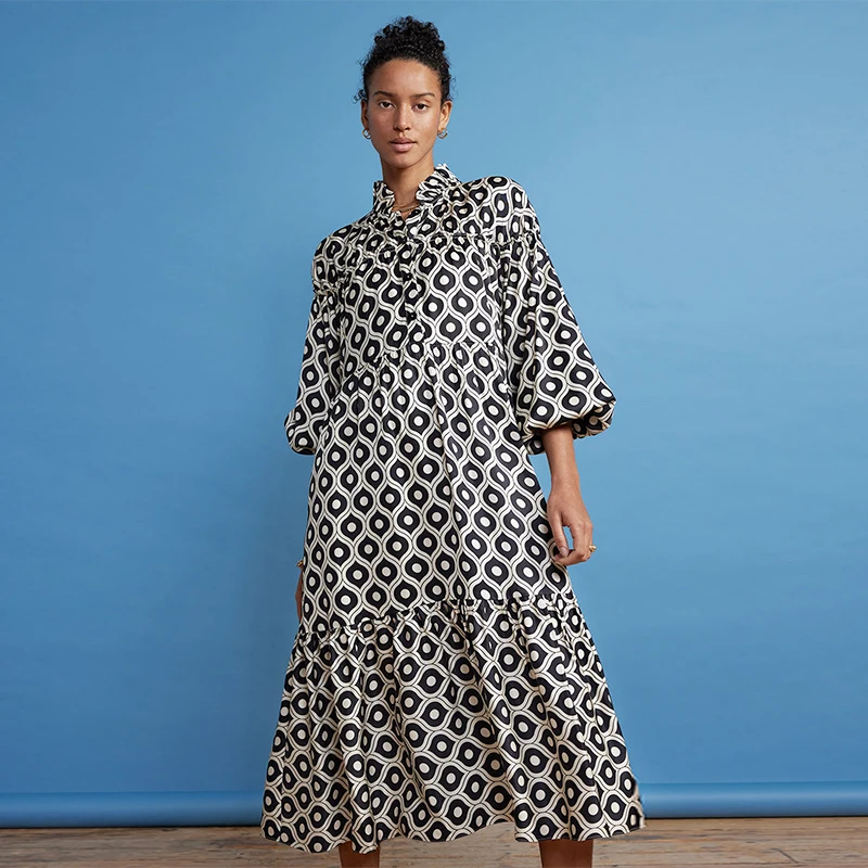 Customized Casual Ladies Ruffled Neck Lantern Long Sleeves Wallpaper Print Ruffles Hem Smock Maxi Long Dress For Women