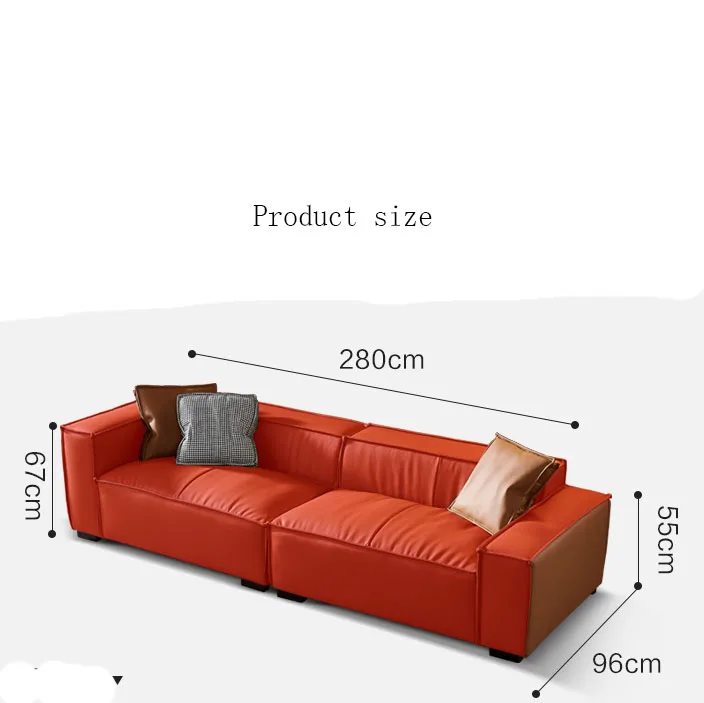 Italian tofu block, down leather sofa modern minimalist living room Nordic solid wood four -person leather cowhide sofa