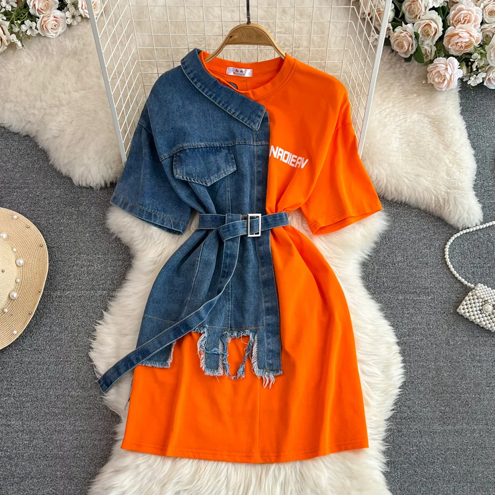 Retro Hong Kong Style Temperament Waist Round Neck Color Matching Denim Shirt Dress Spring New Casual Mid-Length Dress With Belt