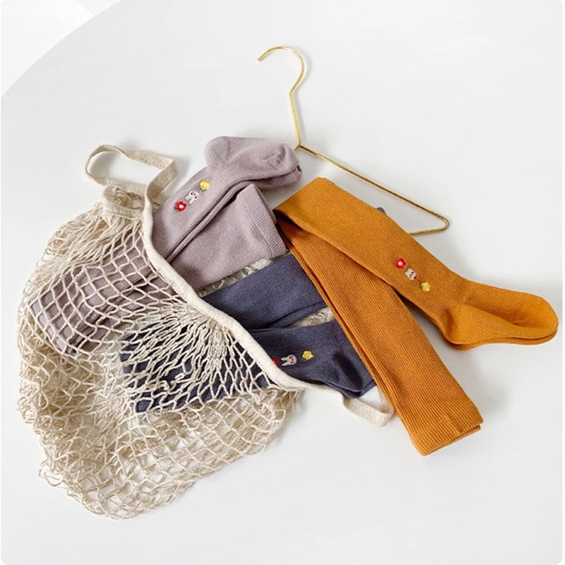 Embroidered Flower Children Baby Pantyhose Kids Girl White Cotton Knitted Ribbed Tights