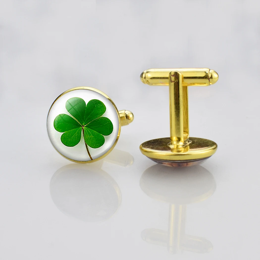 Запонки с четырьмя листьями клевера St. Patricks день вечеринки ювелирные изделия серебряные золотые металлические запонки счастливые зеленые клеверные мужские