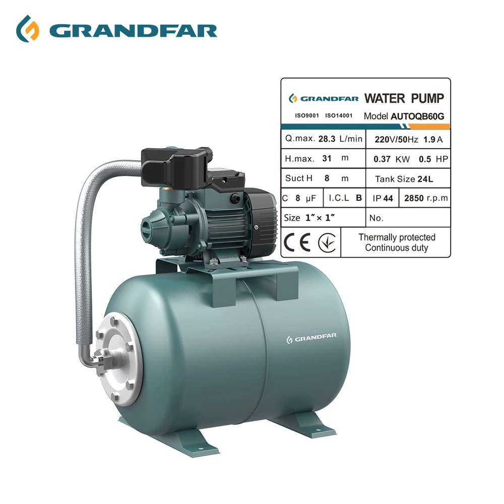 Automatic High Pressure Water Pump QB60G with 24L tank hydraulic pumping petrol station 0.37kw 0.5HP peripheral water pumps
