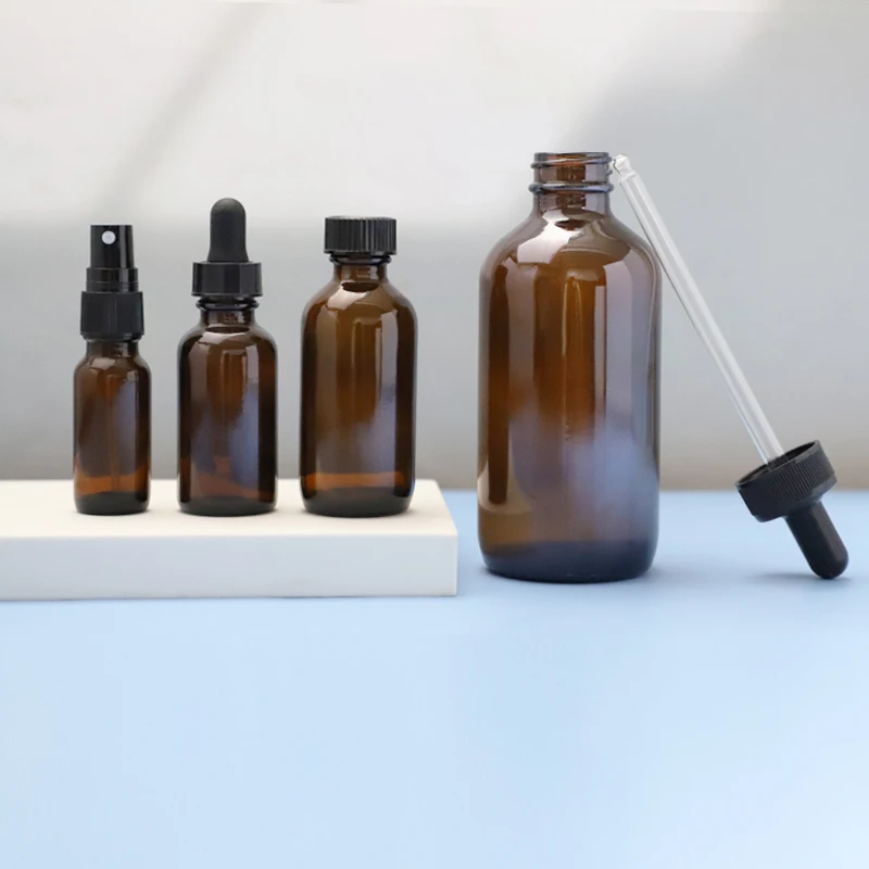 Boston round amber Bottle cosmetic packaging container skin care shampoo pump spray  sets