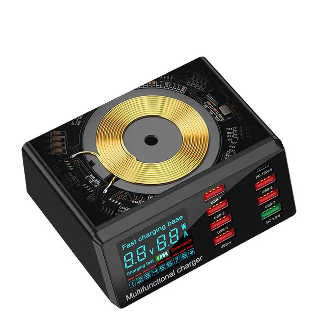 2024 Hot travel charger 9 in 1 Wireless Fast Charging station with 8 USB Ports Hub Dock Station 20W PD adapter 100W total