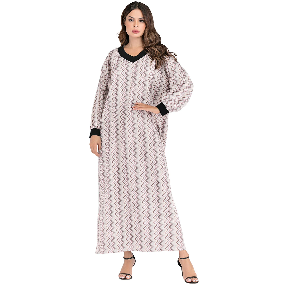2021 Middle East arabic dresses for women fashion printed V-neck loose muslim dress kaftan dubai abaya