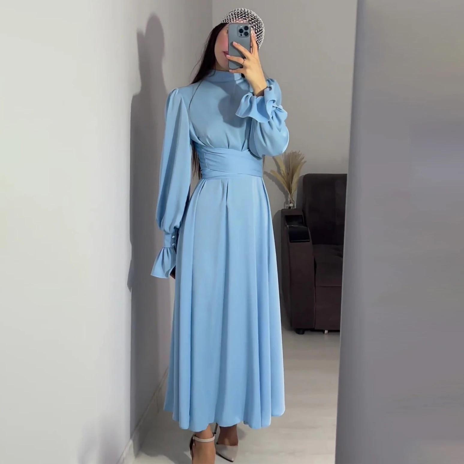 2024 Wholesale Ramadan Turkish Green Abaya Muslim Dress Women Kaftan Dubai Islamic Clothing Modest Evening Dress Satin Abaya