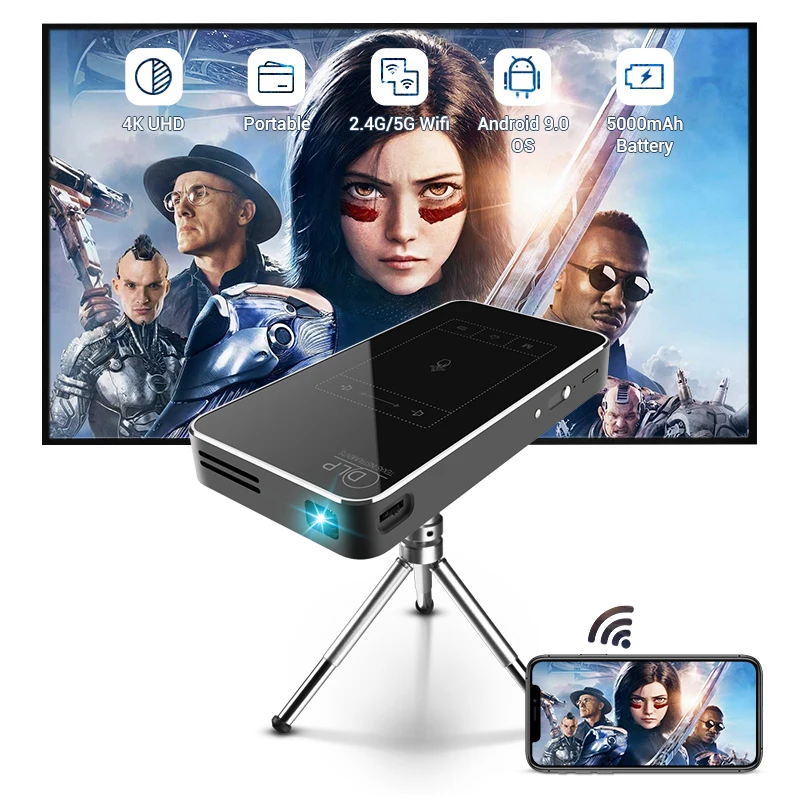 LED rgb Mini portable pocket Dlp projectors android 9.0 1/32GB BT4.2 Built-in battery beamer video mini 4k UHD Dlp projectors