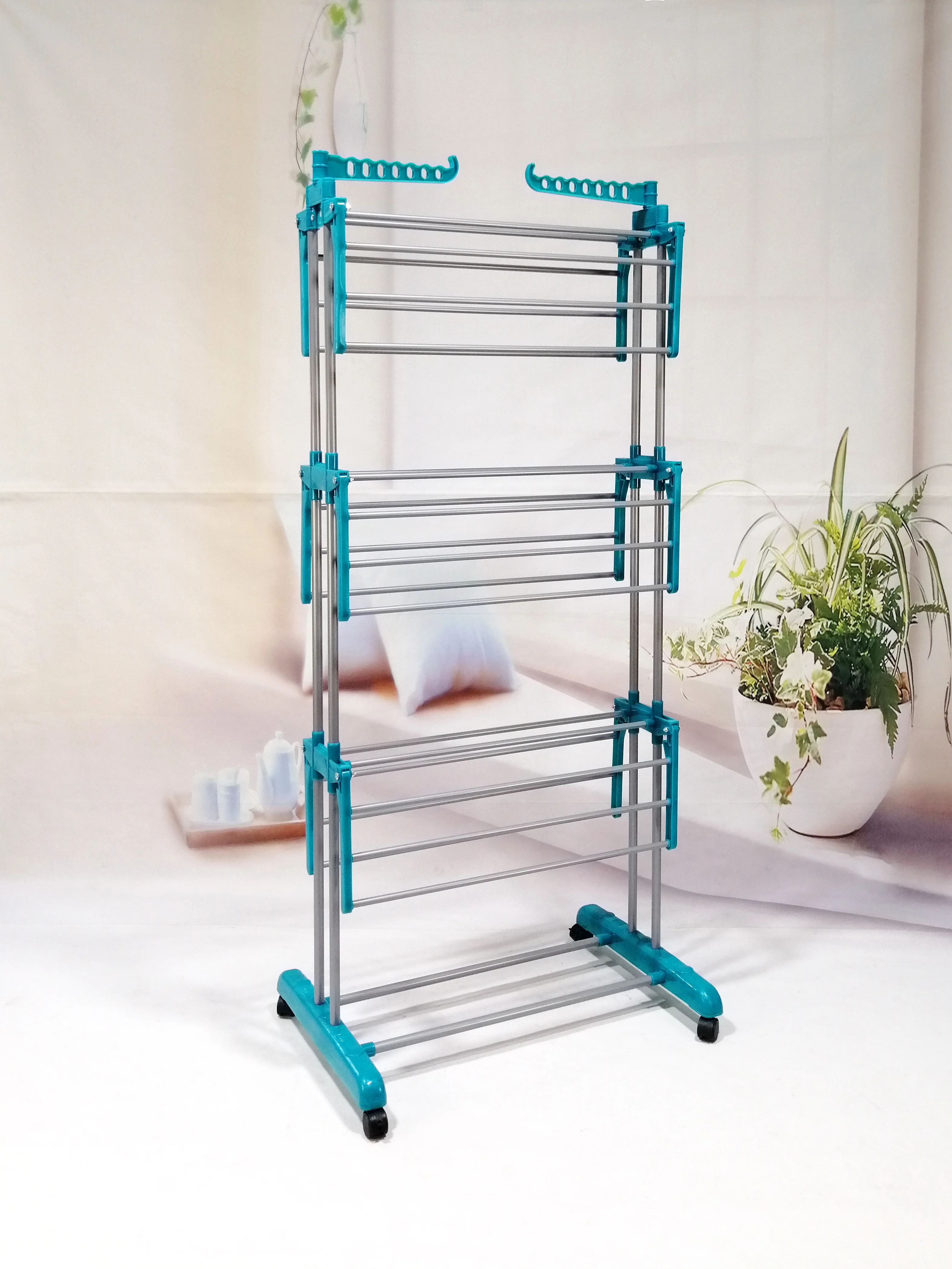 Luxury Half Foldable Wings 3 Tiers Clothes Drying Rack With Wheels Space Saving