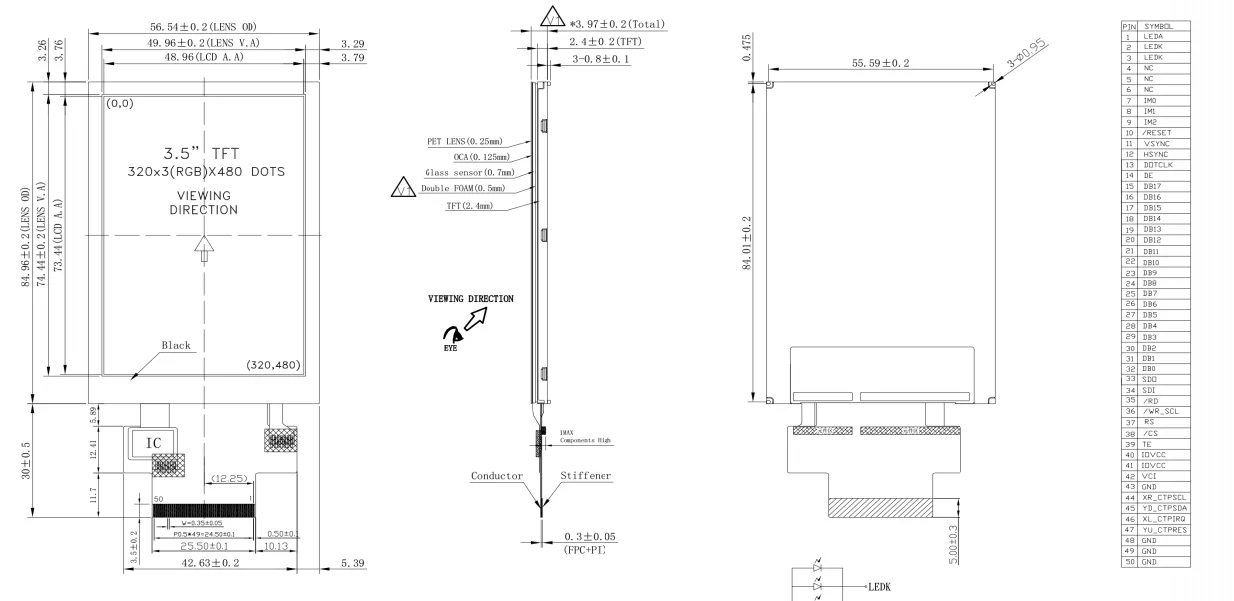 3.5 inch display panel 320 RGB(H)*480 Resolution lcd with capacitive  touch screen