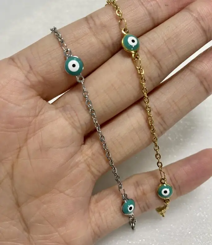 New Arrival Stainless Steel Light Blue Eye Charm Bracelet Waterproof Enamel Evil Eyes Bracelet Jewelry For Women