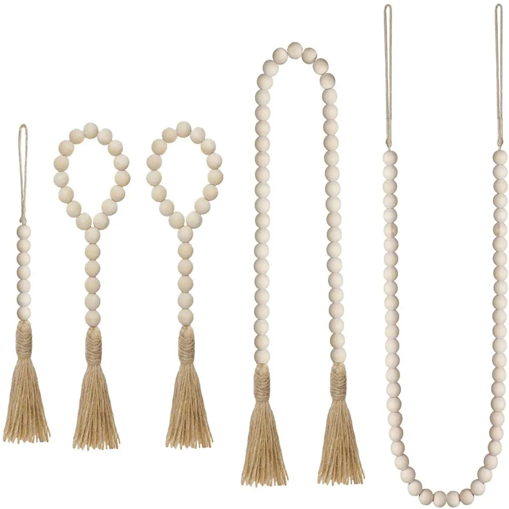 Rustic Natural Wooden Bead String Wall Hanging for Farmhouse Home Decor Wood Bead Garland with Tassels