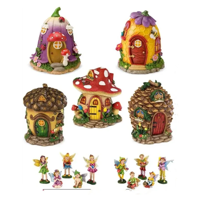 Resin Crafts Garden Decoration Mushroom House Statue Cute Mini Mushroom House Figurine