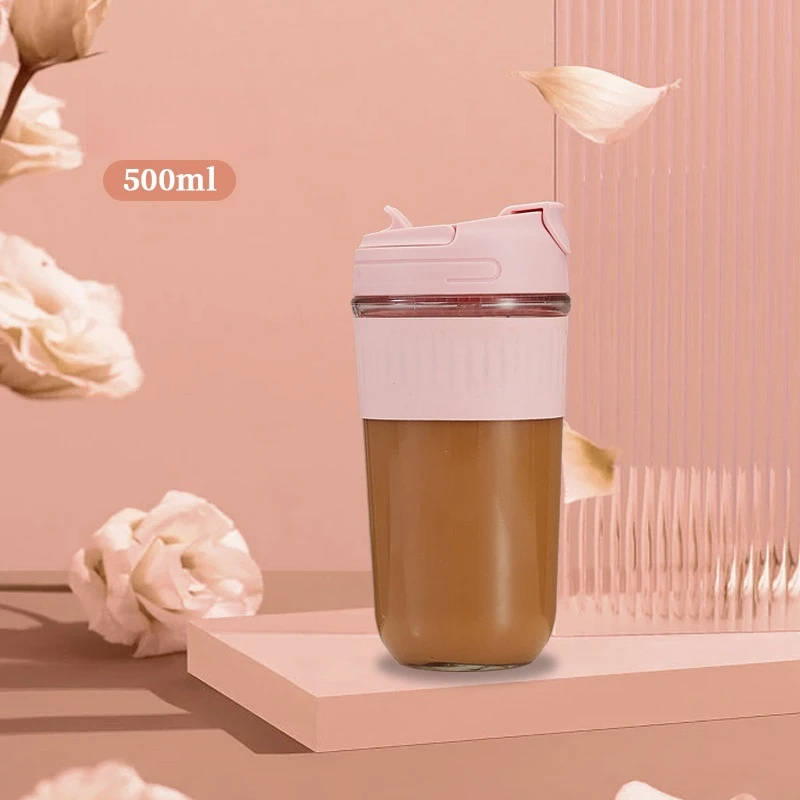 V76 Cheap Clear Double Drinking Glass Mug 500ml Eco Friendly Cute Kids Water Coffee Glass Cup With Straw And Lid