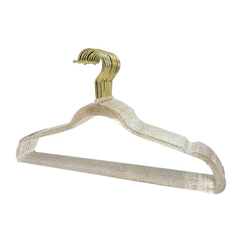 Acrylic Gold Glitter Coat Hanger Crystal Plastic Hangers with Gold Metal Hook fro Woman Clothes