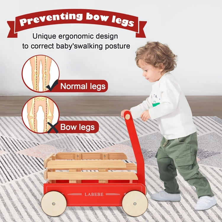 New Design 2 In 1 Red Toddler Kids Classic Walker Wagon Wooden Kids Custom Wonden Wagon Baby Stroller Wagon