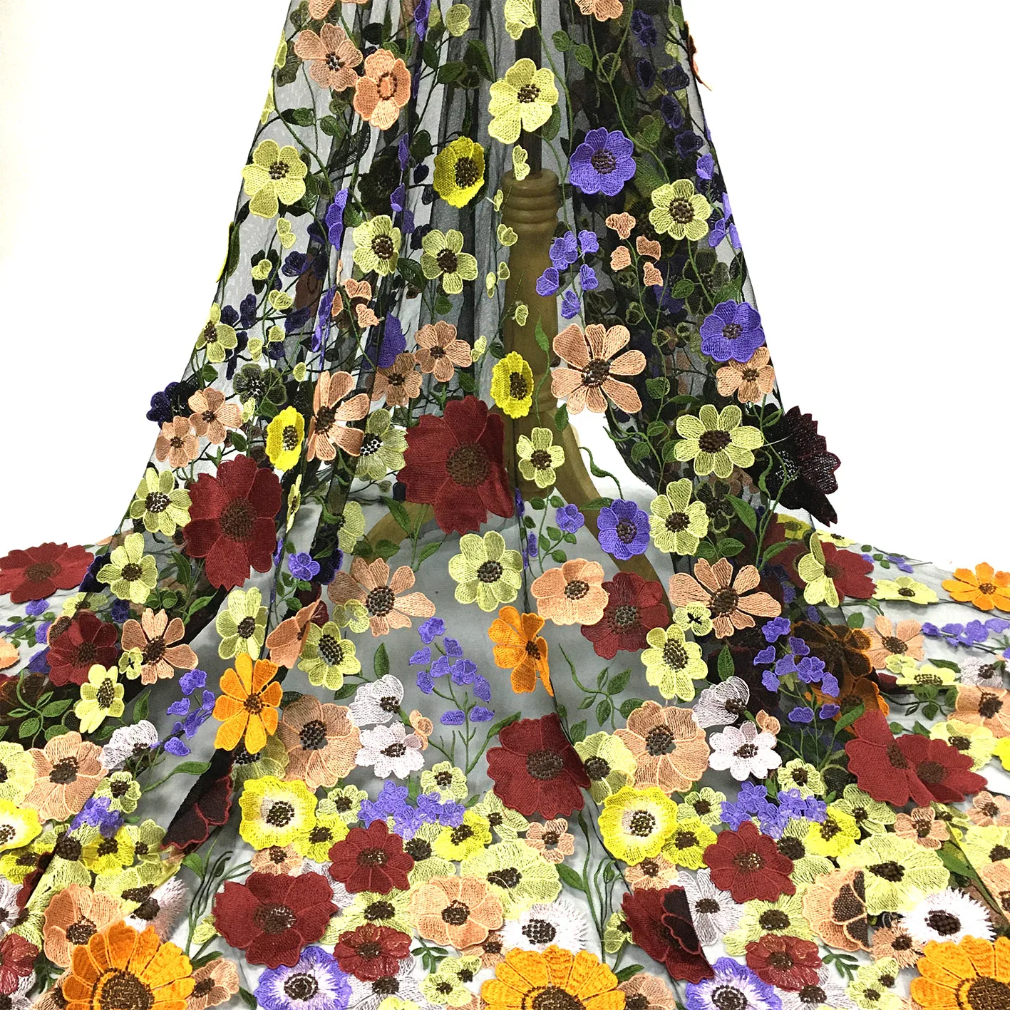 Luxury floral lace embroidered fabric black tulle 3D hand work flower embroidery fabric