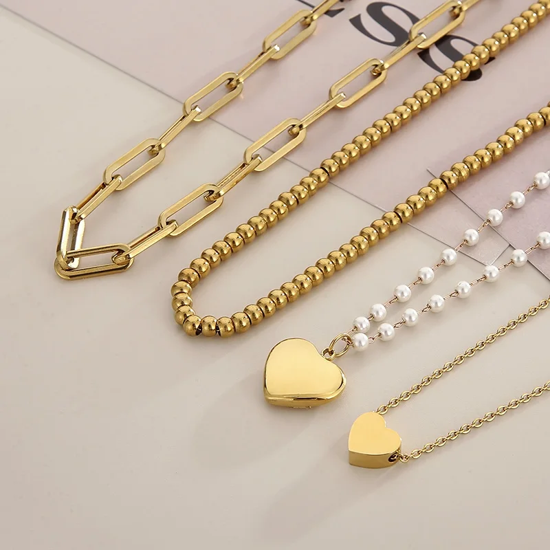 Kalen 4Pcs Chains Heart Pendant Pearl Ins 18K Gold Plated Stainless Steel Bead Necklaces