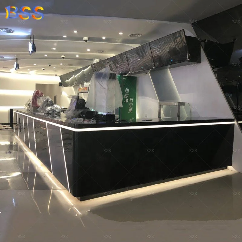 Cinema Bar Counter Design Luxury L Shape Artificial Marble Black Bar Counter