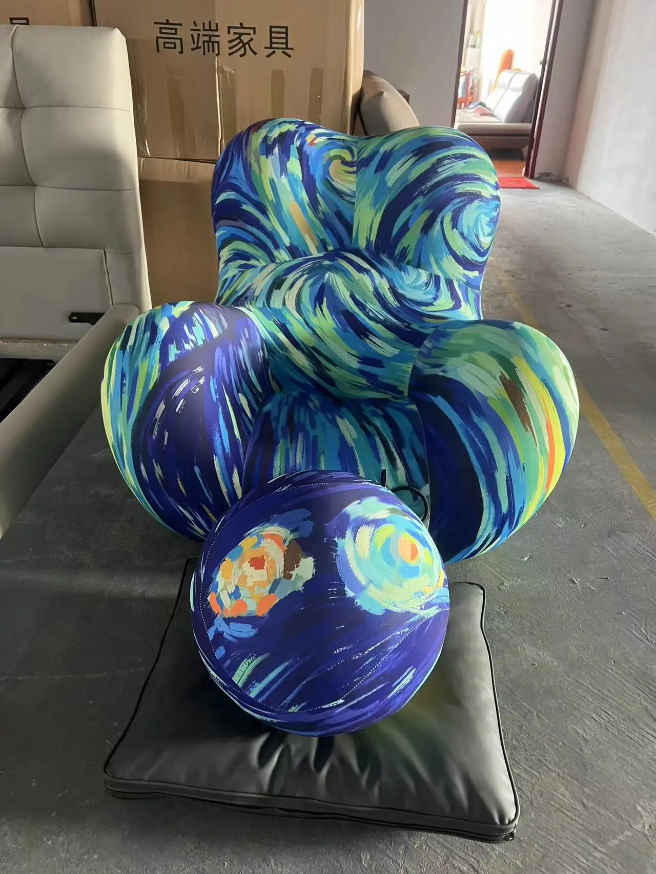 Lounge Living Room Fiberglass Ball Dark Blue Leisure MaMa Living Room Chair with Ottoman