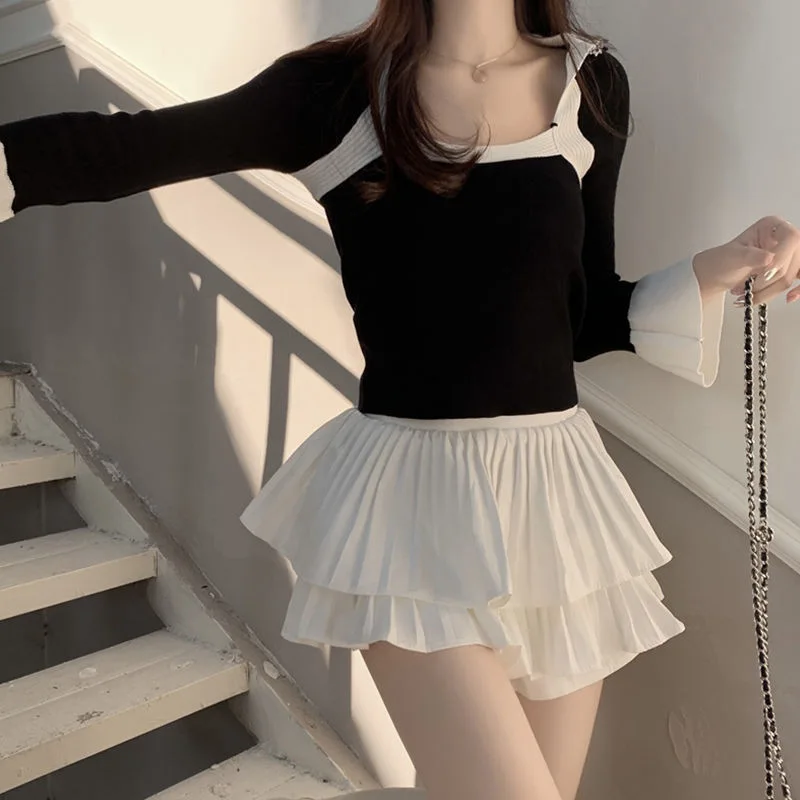 High Waist Pleated Mini Skirt Women Double Layer White A-line Skirt with Shorts Y2k Clothes Korean Fashion Goth Harajuku Skirt