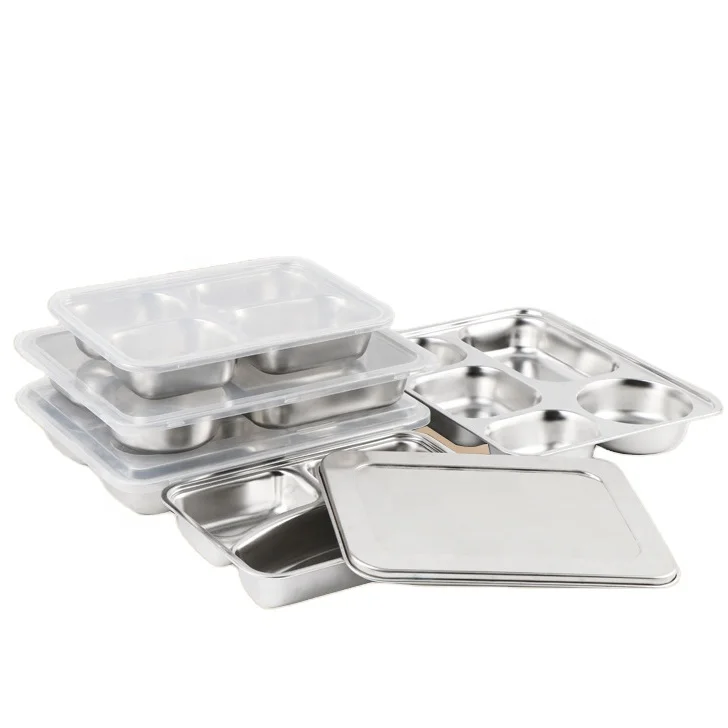 School canteen home 3 compartment food container bento divided plate stainless steel food tray for kid